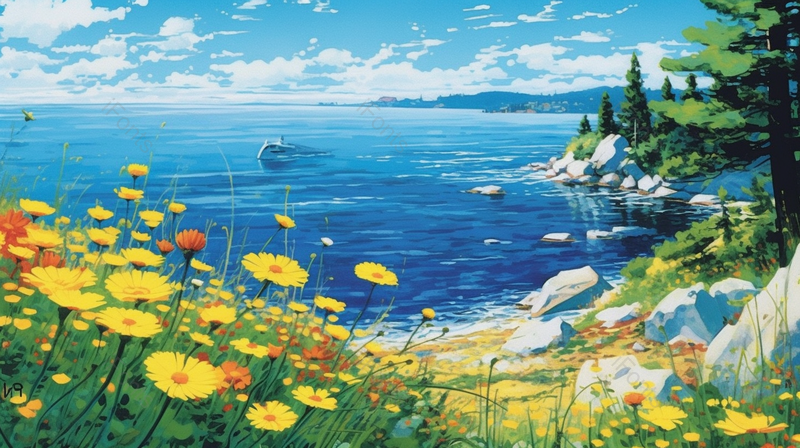 平静海岸黄色鲜花油画插画,插画/手绘图,插画/手绘图库,插画/手绘图下载,插画/手绘
